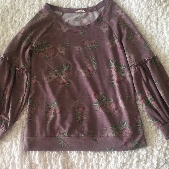 Como Blue Tops - Floral Ruffle Sleeves Sweatshirt Top